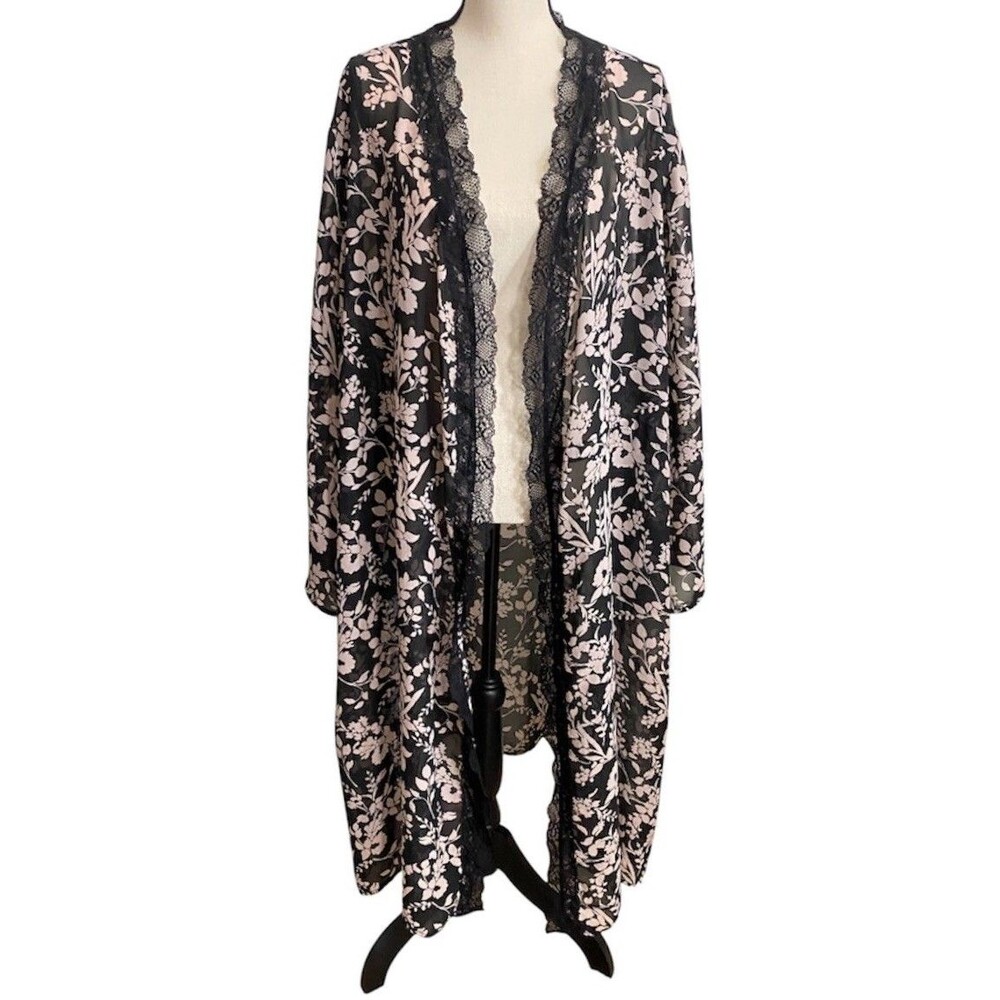 Catherine’s Women’s Sheer 5X Kimono Black Pink Floral Flowy Romantic Feminine